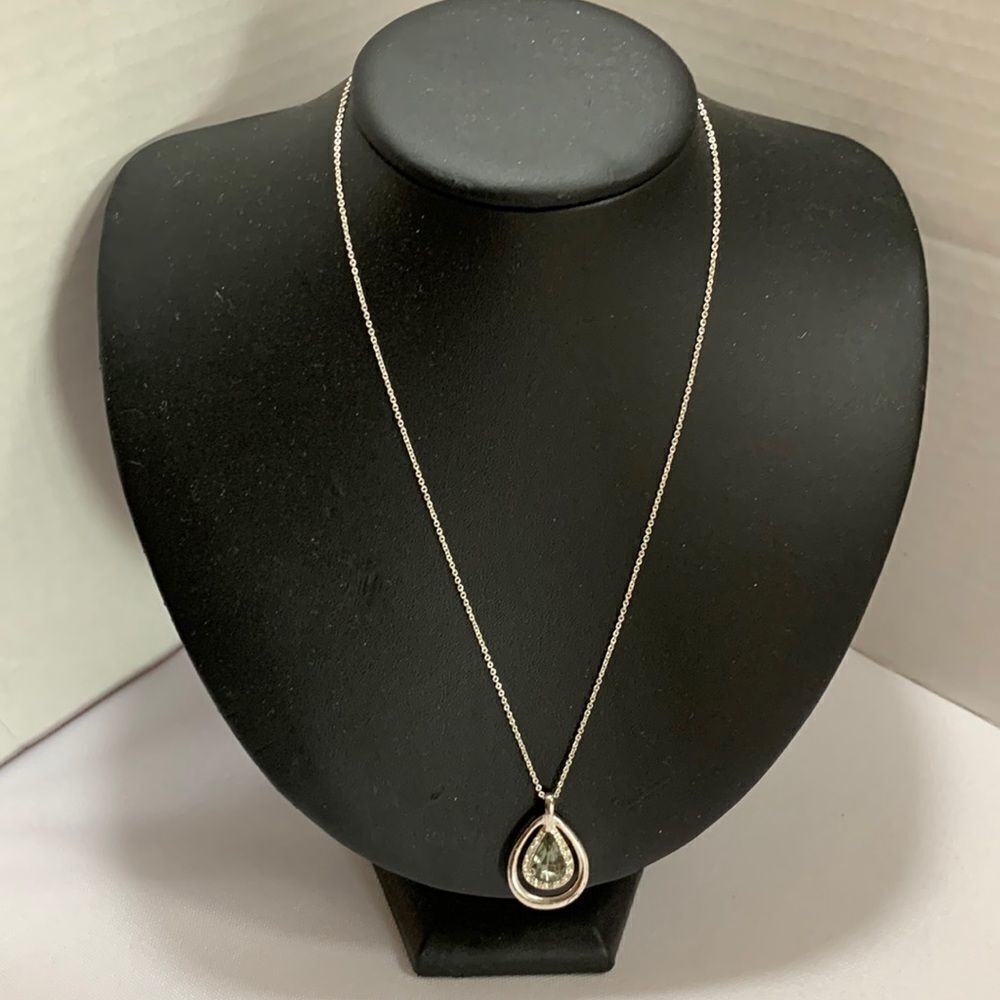 Avon silvertone teardrop necklace with rhinestones & gray topaz